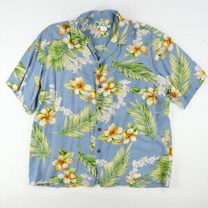 Two Palms Mens Hawaiian Shirt Large Rayon Button Up Blue Tropical Vacation